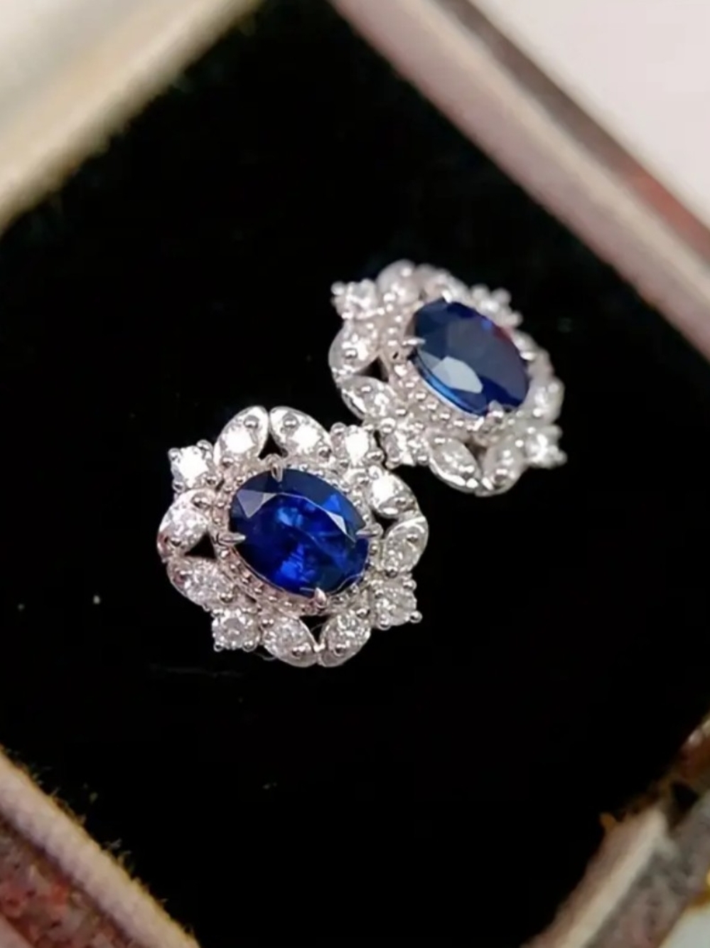 White Rhodium Blue Sapphire Halo Stud Earrings